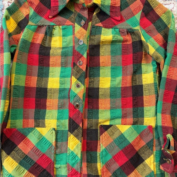 Vintage 60s 70s Colour Blocked Textured Button-up Shirt Medium - Picture 4 of 6